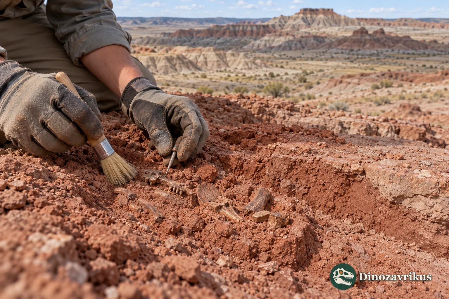 Illustrative search for tiny fossils in red sediment