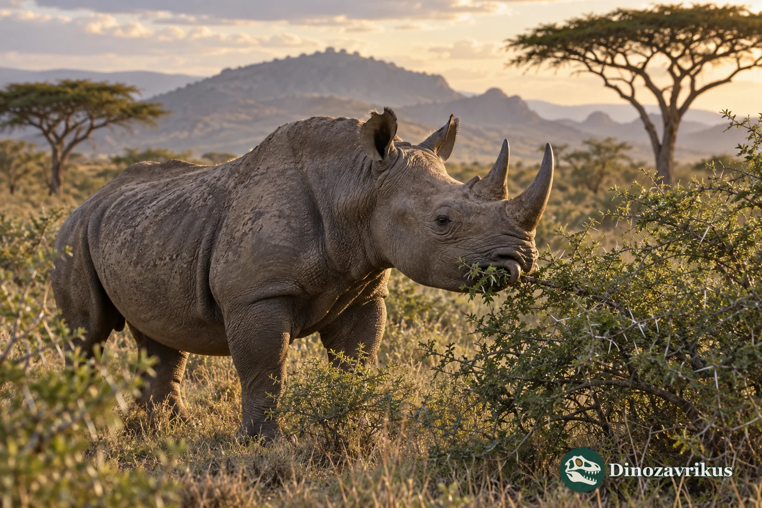 A black rhinoceros browsing in African scrubland