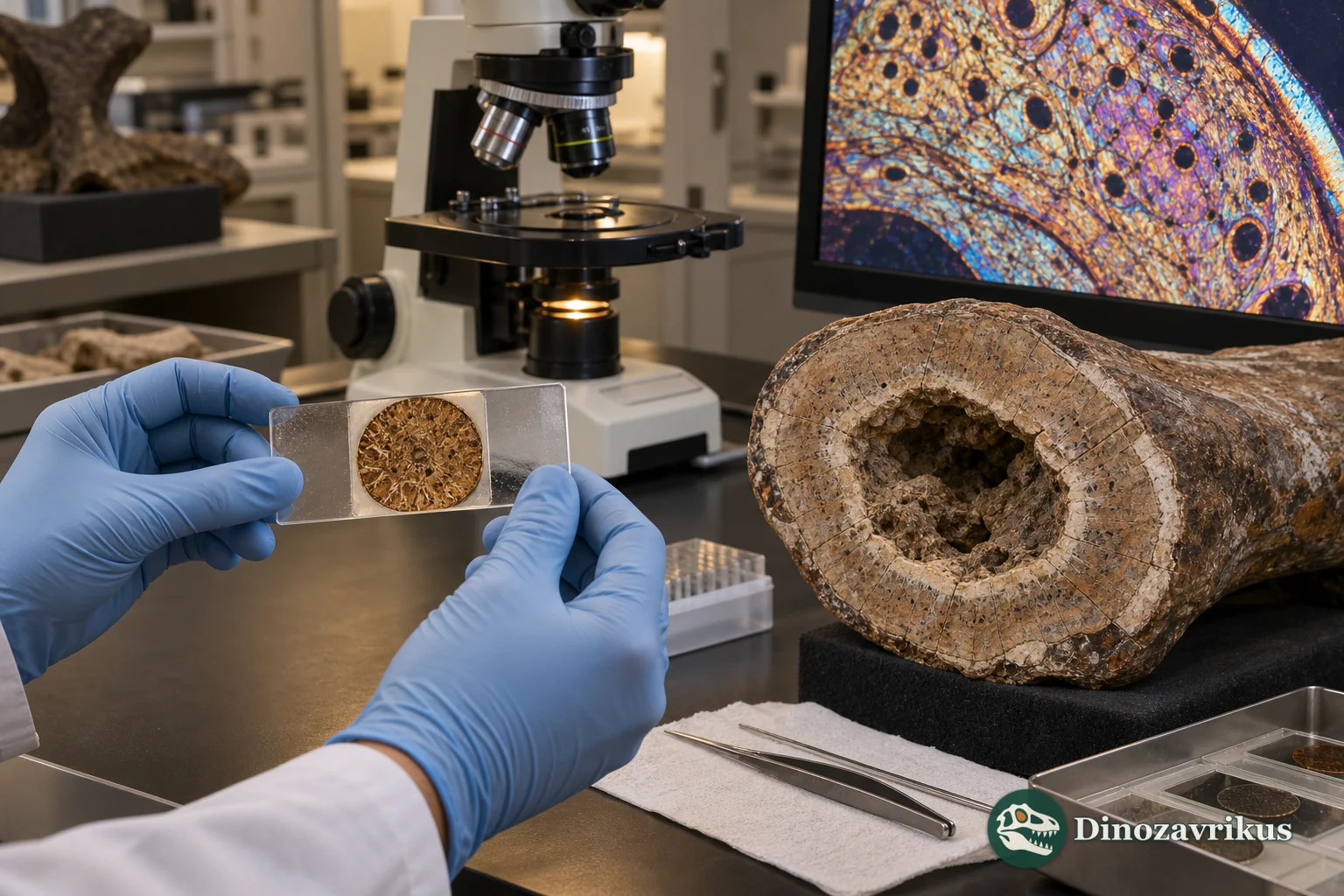 Laboratory examination of a thin section cut from a fossil dinosaur bone