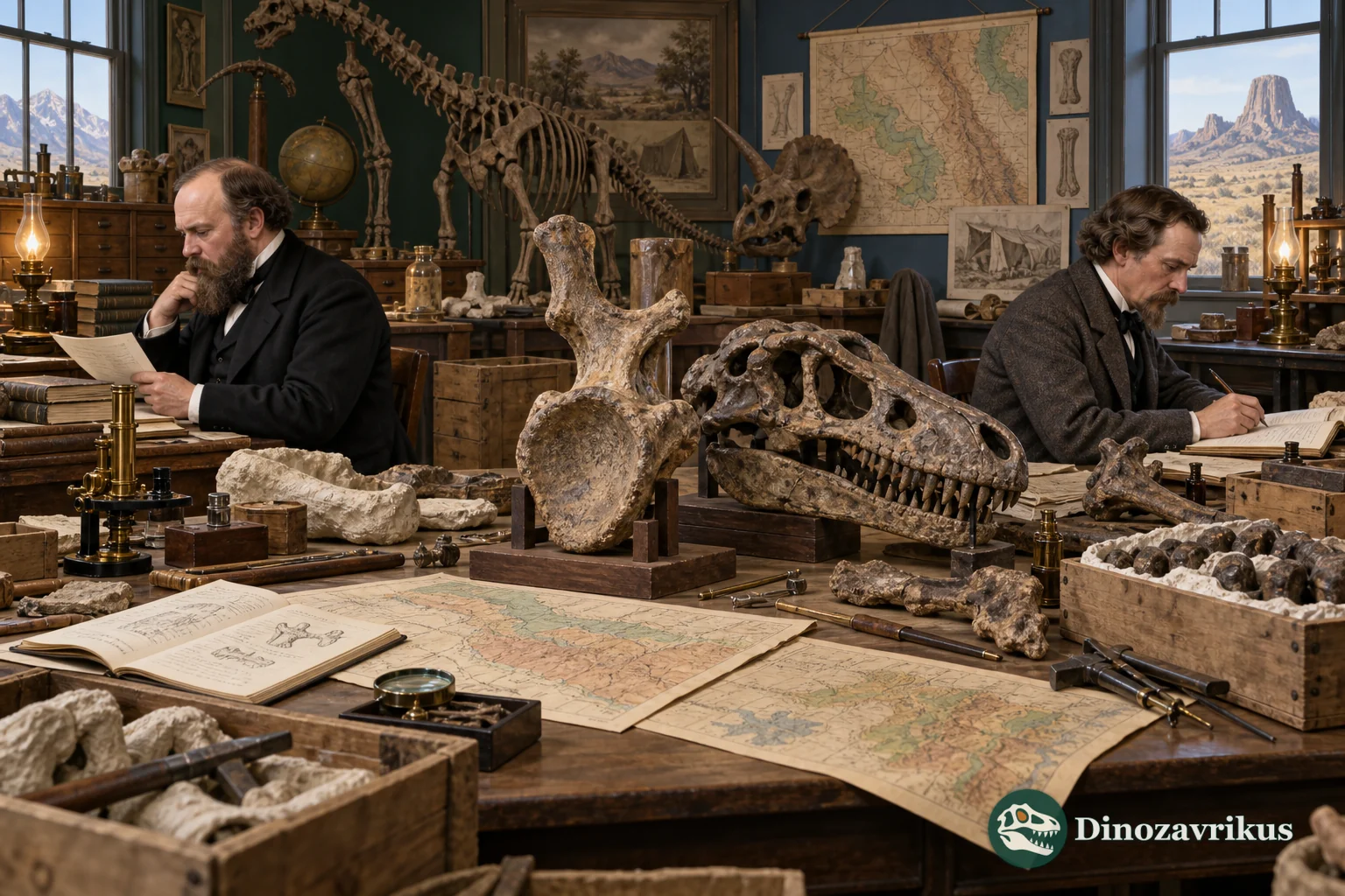 Othniel Marsh and Edward Cope work on opposite sides of a museum room filled with fossil bones