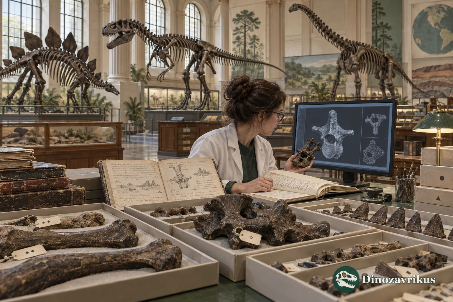 A modern researcher compares historical field notes with a digital fossil model
