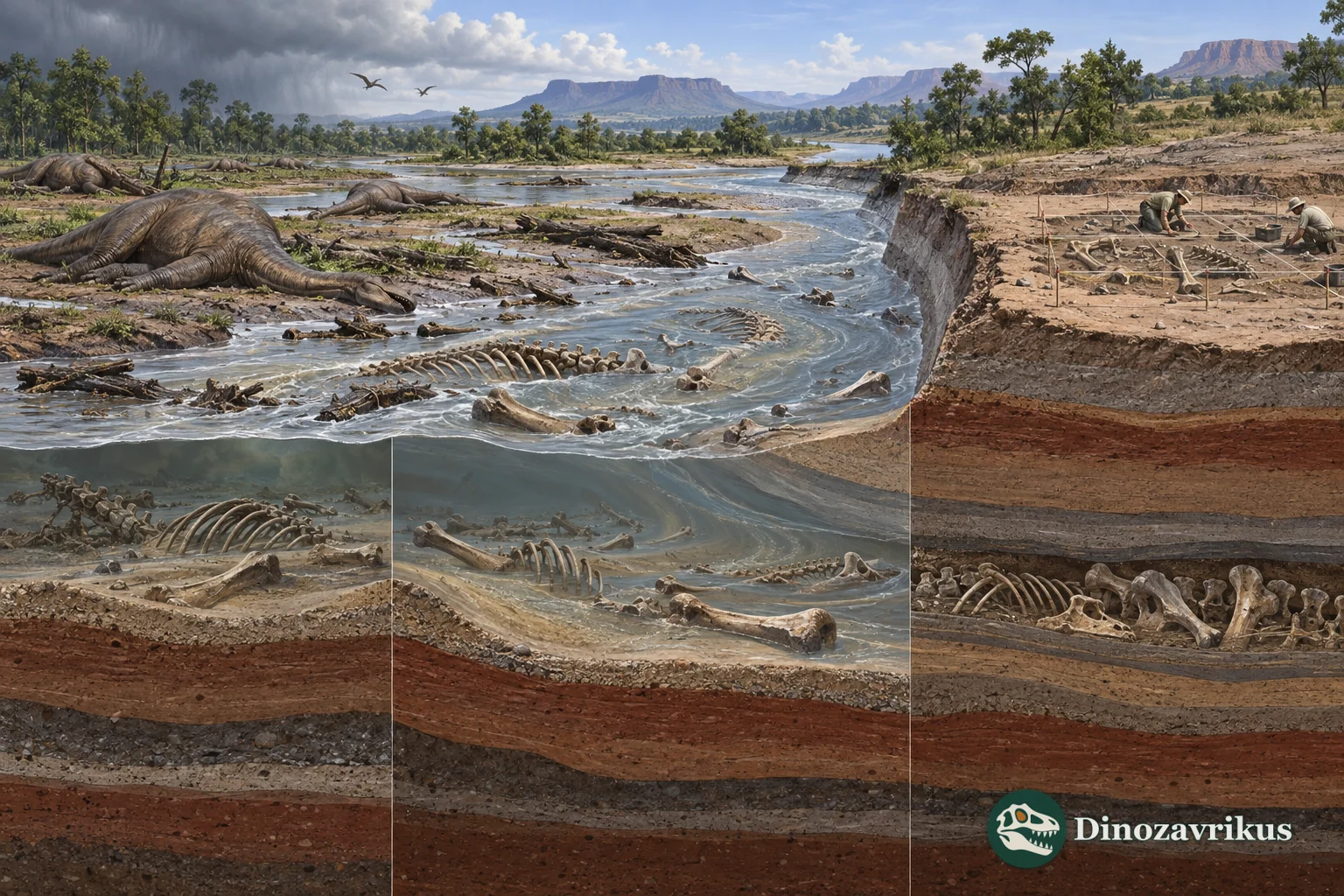 Sequence from dinosaur death and transport to burial and excavation