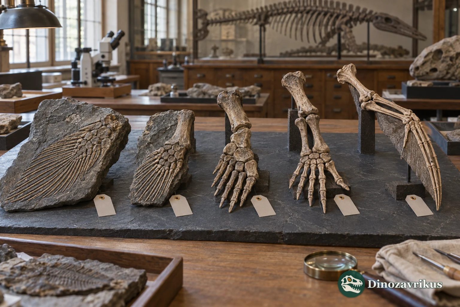 Comparative fossil vertebrate limb bones arranged from fin-like elements to a tetrapod forelimb and bird wing