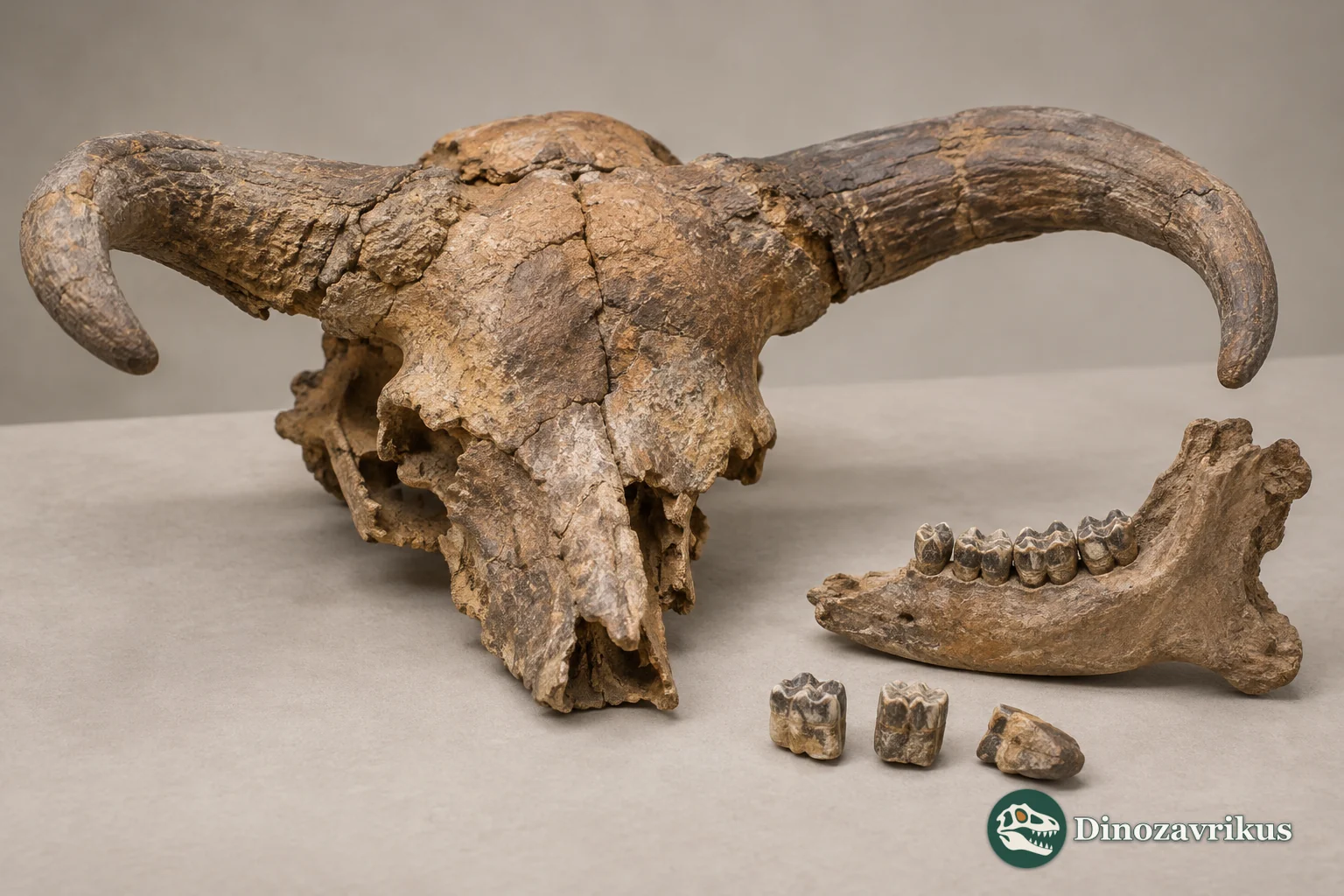 Illustrative helmeted muskox skull with horn cores
