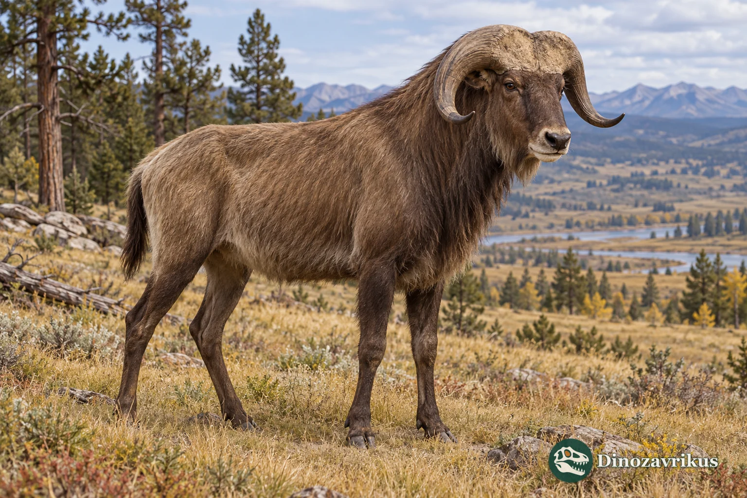 Artistic reconstruction of a male Bootherium in an open Pleistocene North American landscape