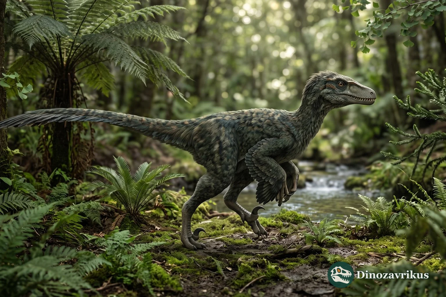 Feathered reconstruction of Boreonykus in a northern Late Cretaceous forest
