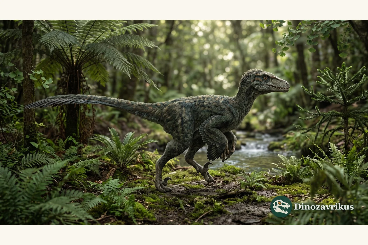Feathered reconstruction of Boreonykus in a northern Late Cretaceous forest