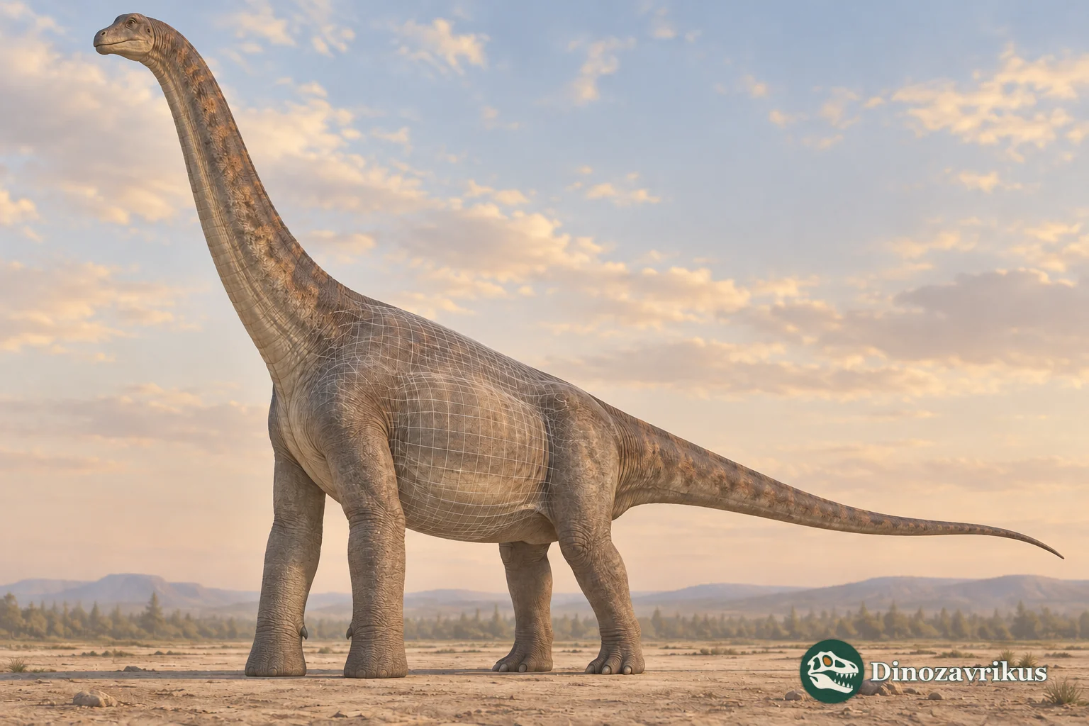 Illustrative full-body Brachiosaurus reconstruction with a subtle volumetric modelling mesh