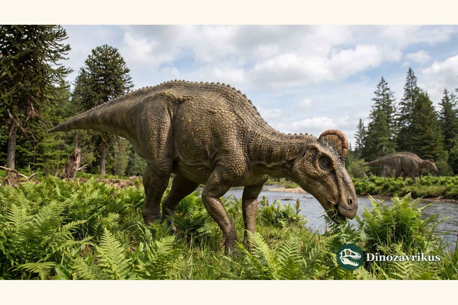 Illustrative reconstruction of Brachylophosaurus in a Late Cretaceous river landscape