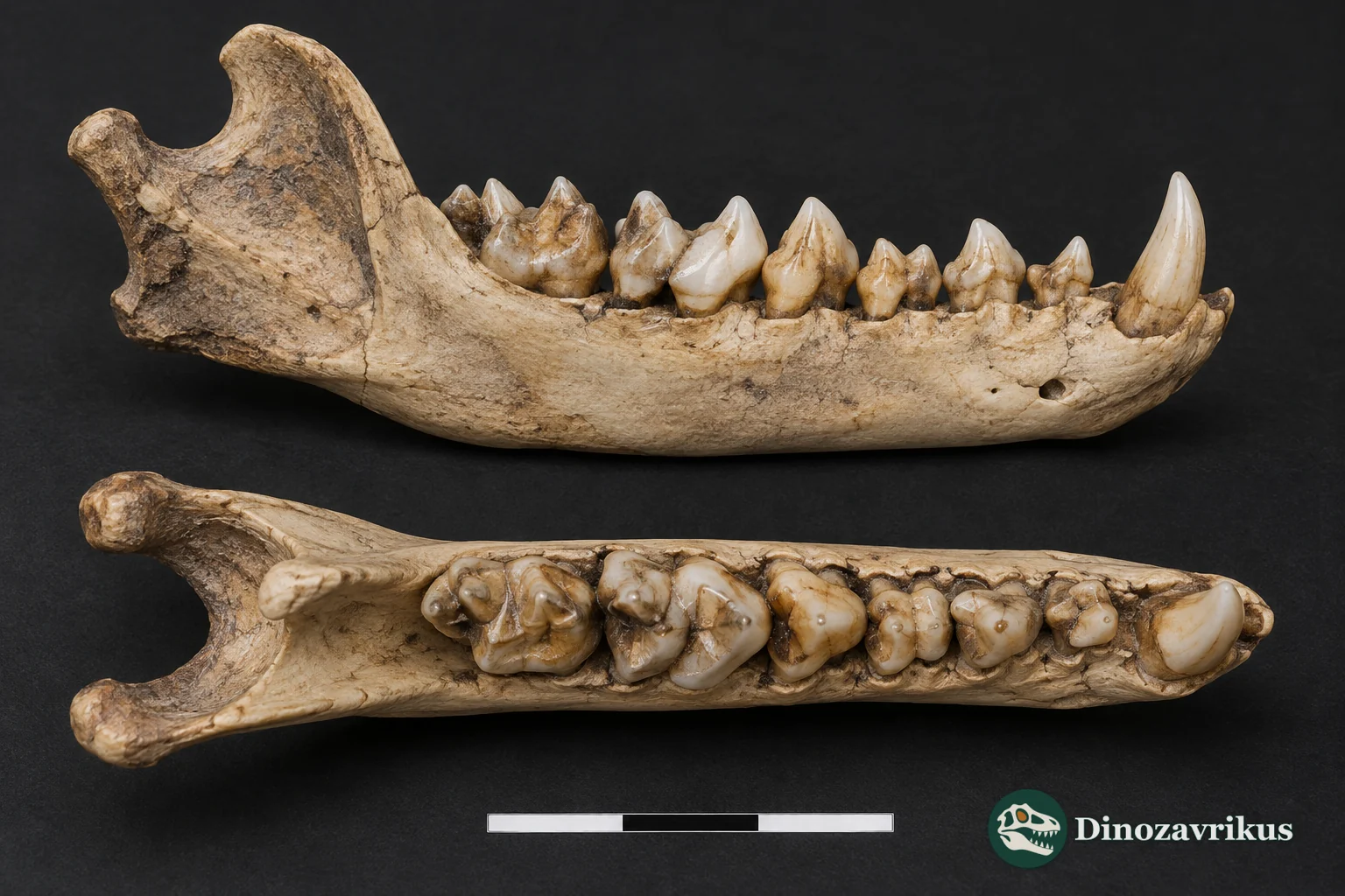 Illustrative side and top views of a compact fossil skunk jaw