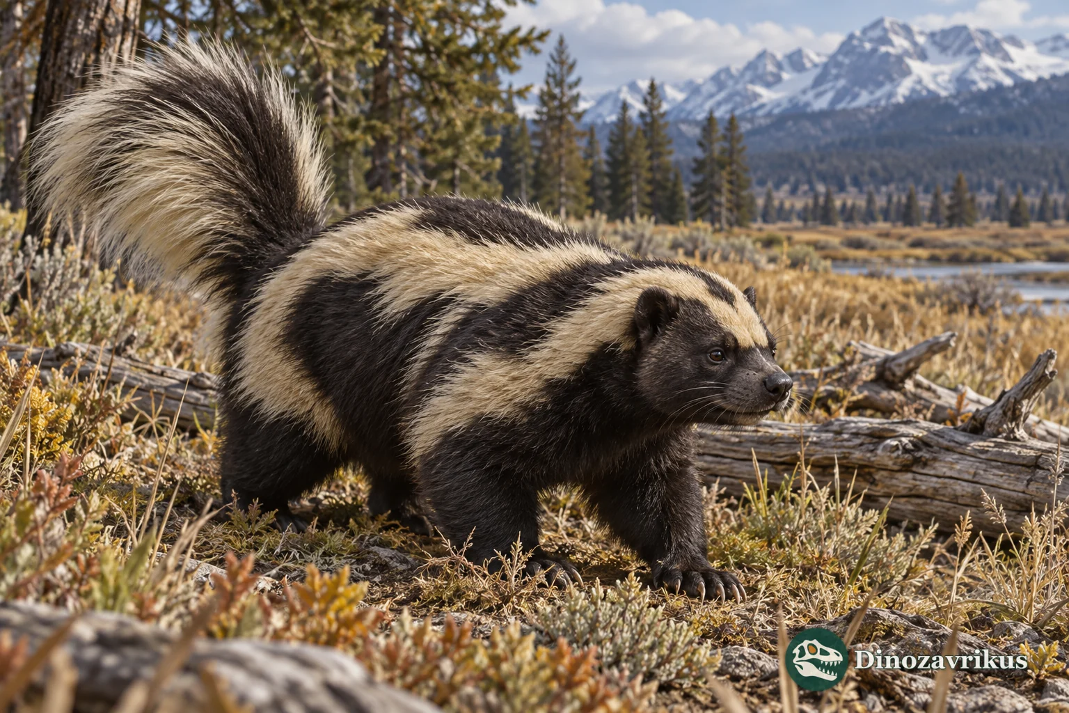 Artistic reconstruction of the extinct skunk Brachyprotoma in a Pleistocene meadow