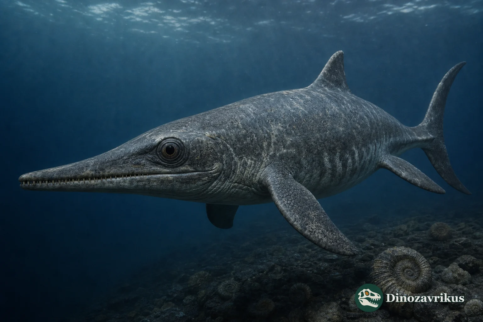 Brachypterygius extremus swimming above a Late Jurassic seabed with ammonites