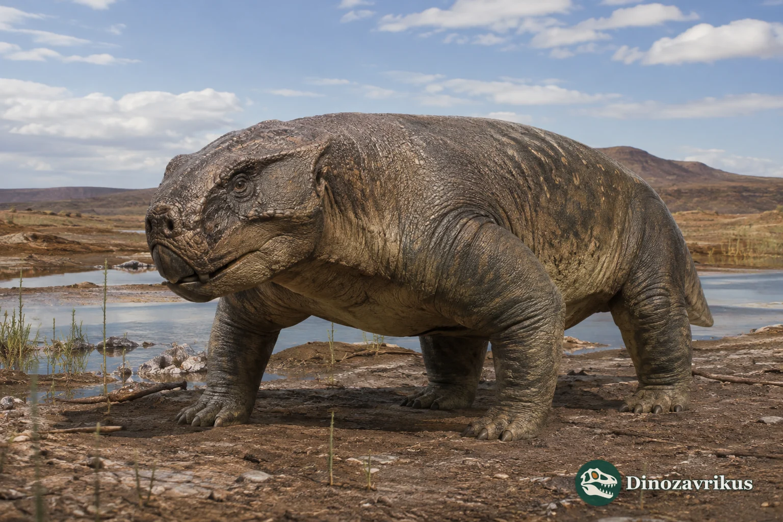 Bradysaurus baini reconstructed on a Middle Permian Karoo floodplain