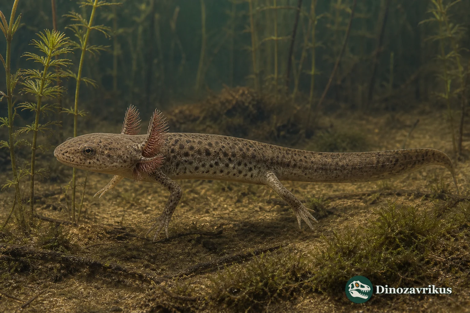 Branchierpeton, a small aquatic micromelerpetid with external gills, in a Carboniferous lake