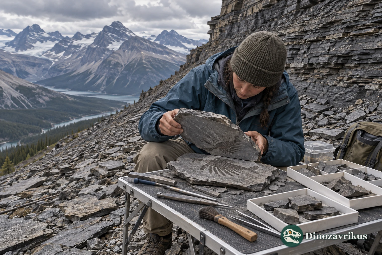 Interpretive scene of field researchers splitting Cambrian shale in the Canadian mountains