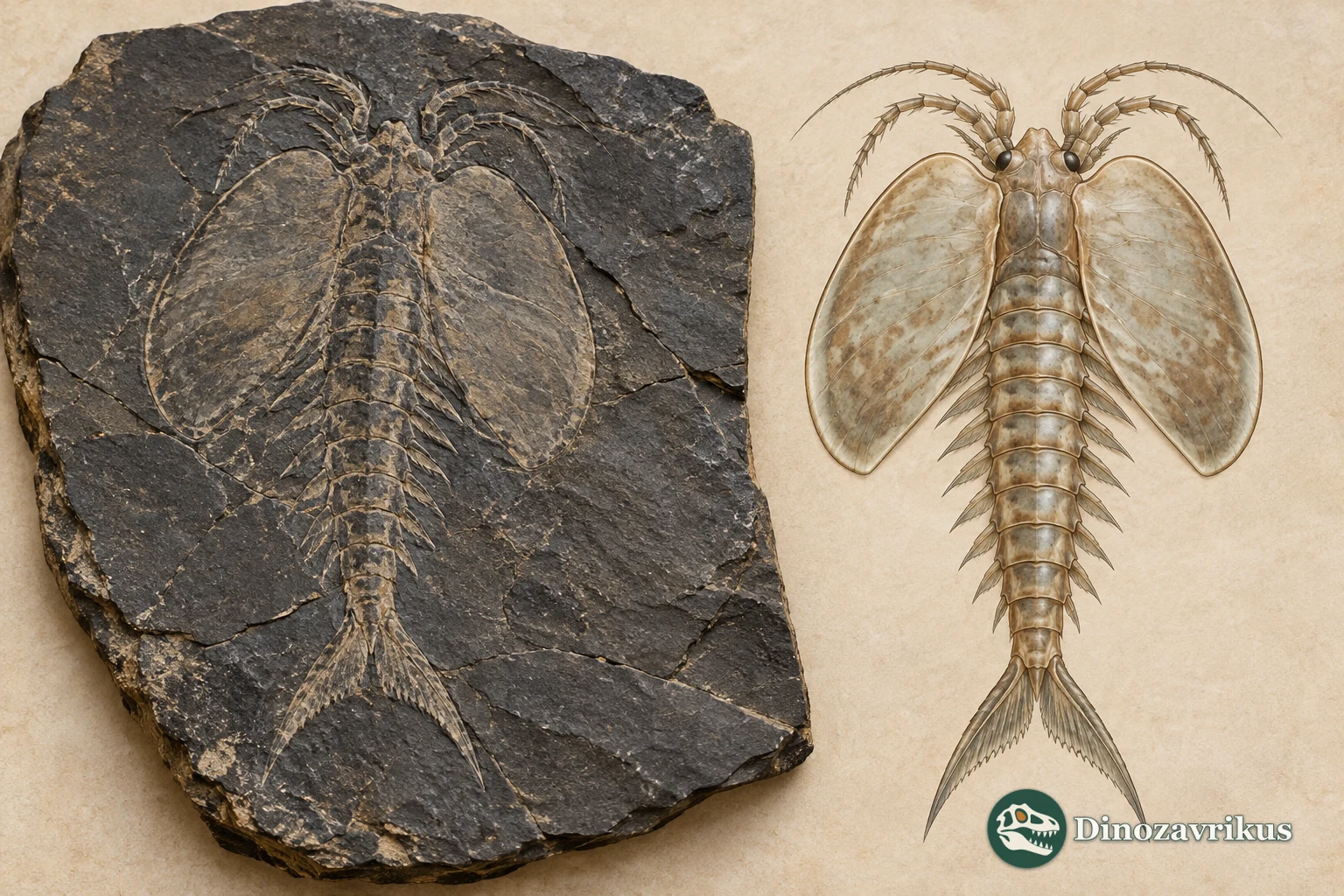 Interpretive plate of a Branchiocaris fossil impression and bivalved body reconstruction