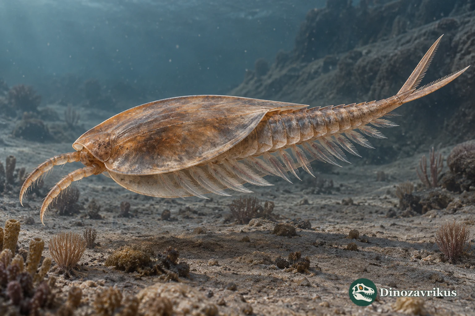 Scientific reconstruction of Branchiocaris pretiosa swimming over a Cambrian seafloor