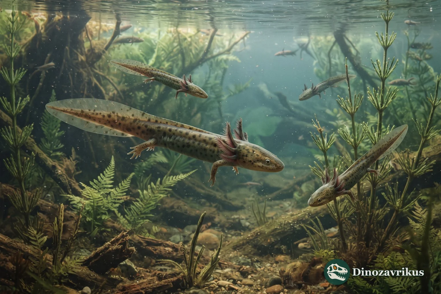 Small Branchiosaurus with external gills in a Permian lake