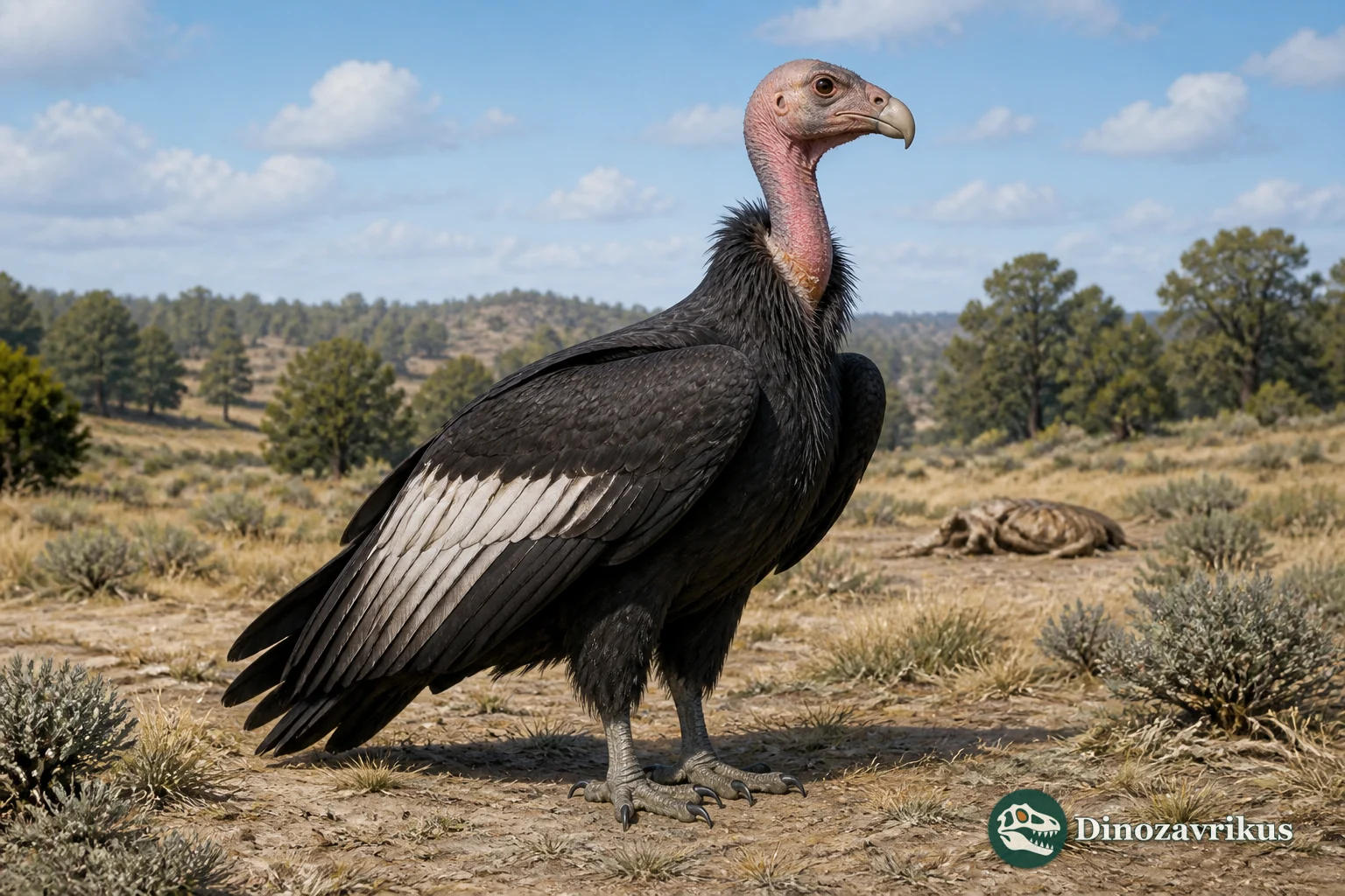 Breagyps reconstructed beside a Pleistocene carcass in western North America