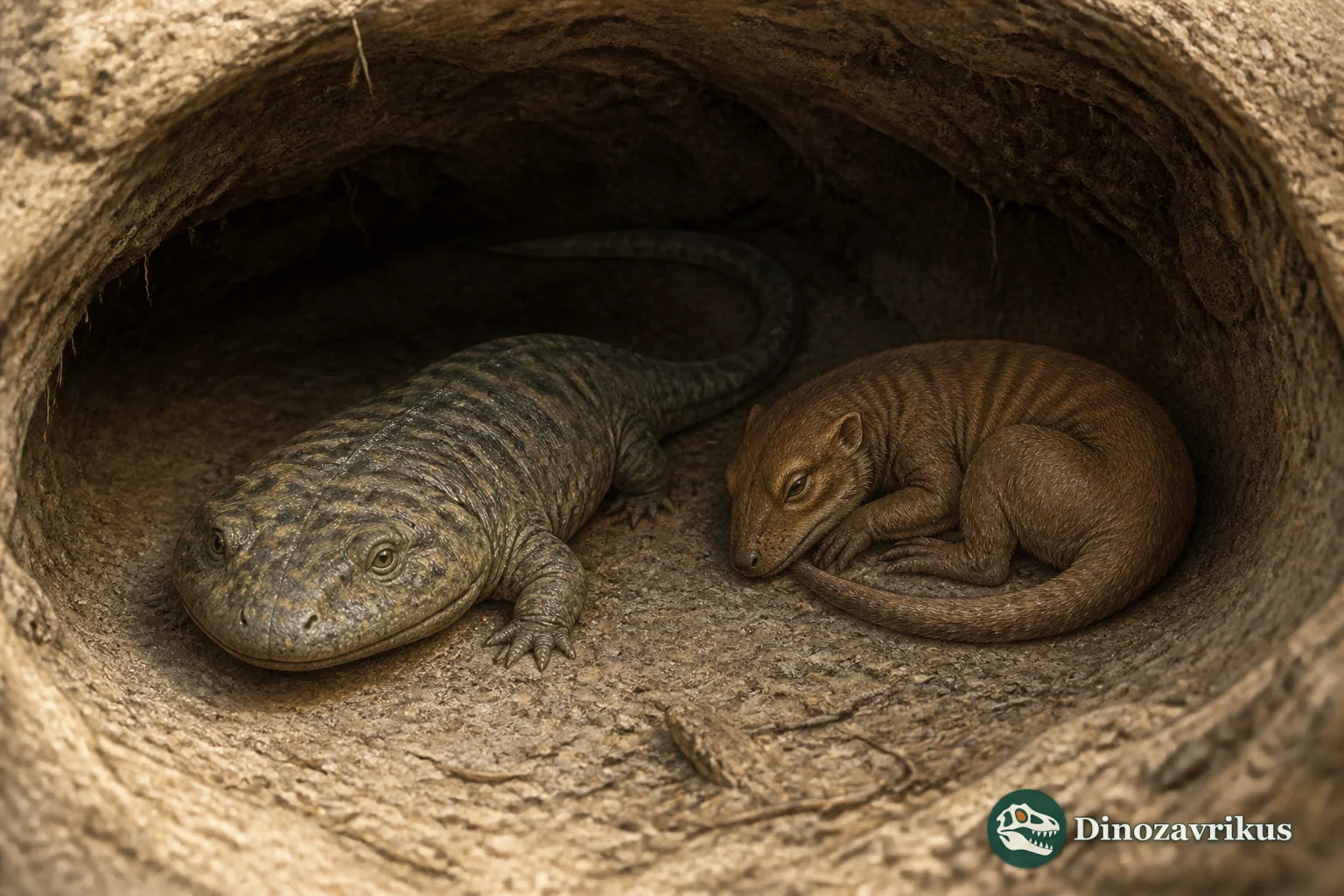 Broomistega sheltering beside Thrinaxodon in an Early Triassic burrow