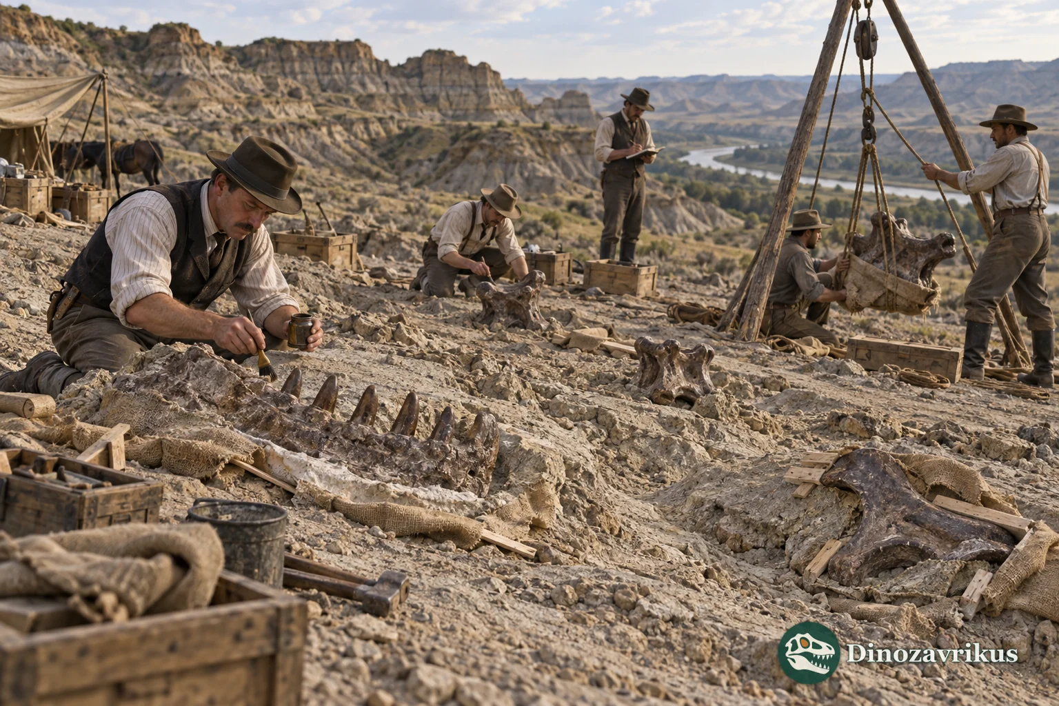 Barnum Brown's field team excavates a Tyrannosaurus skeleton in Montana