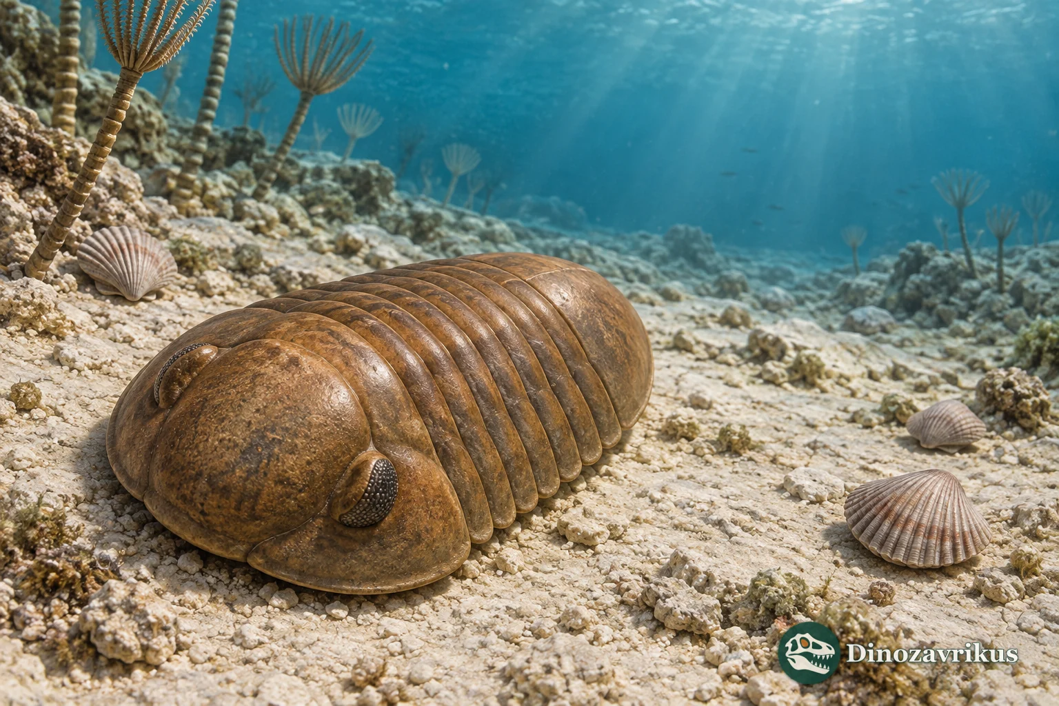 Convex Bumastus trilobite with faint body furrows, ten thoracic segments and a rounded tail shield