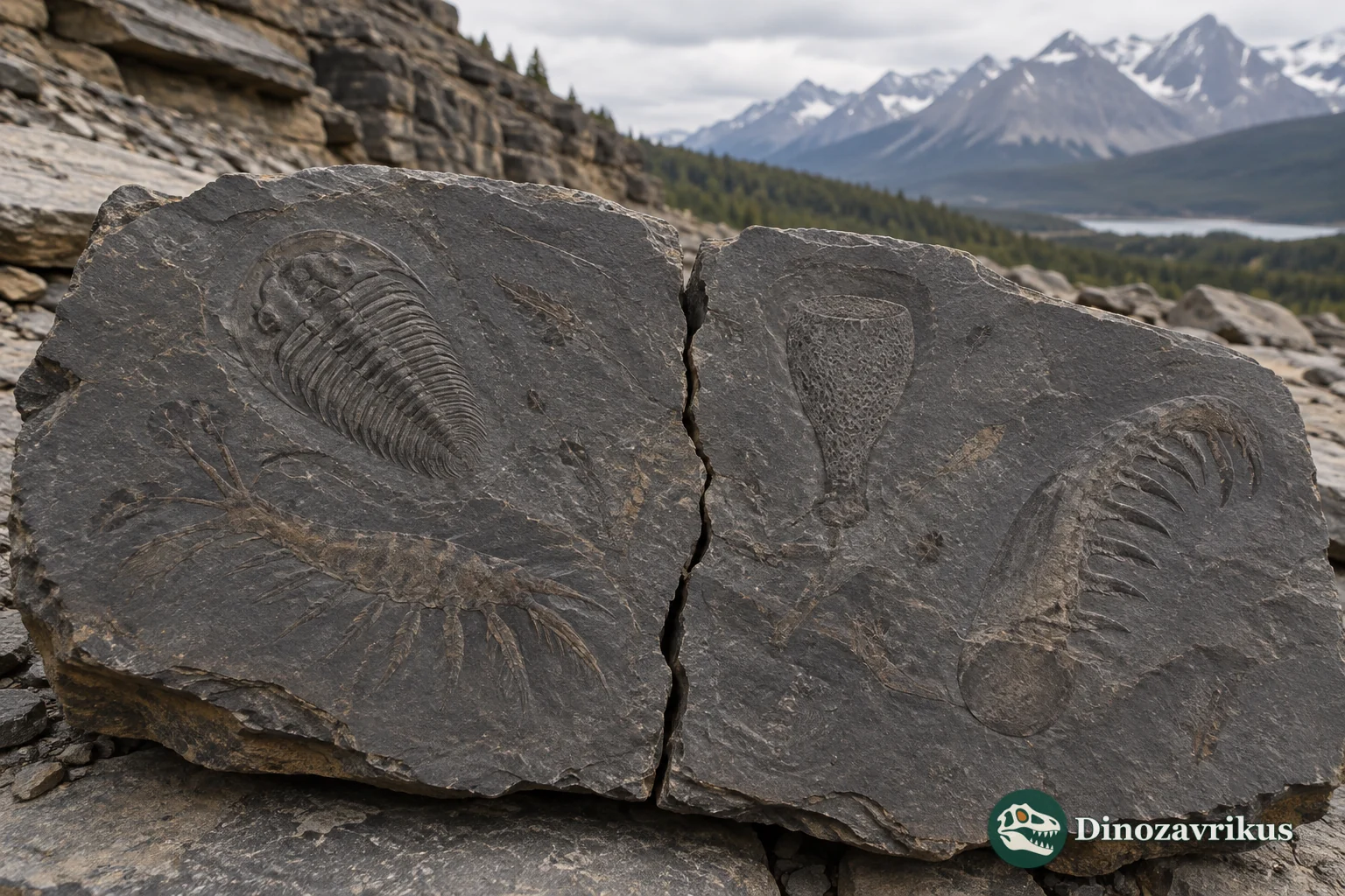 A dark shale slab bearing Cambrian fossil impressions at a mountain outcrop