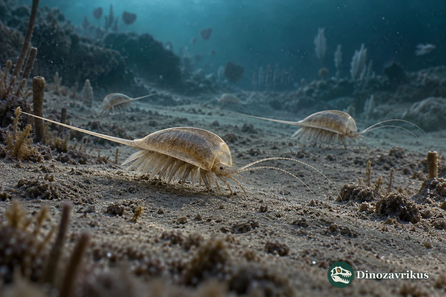 Artistic reconstruction of Burgessia walking across a Cambrian seafloor