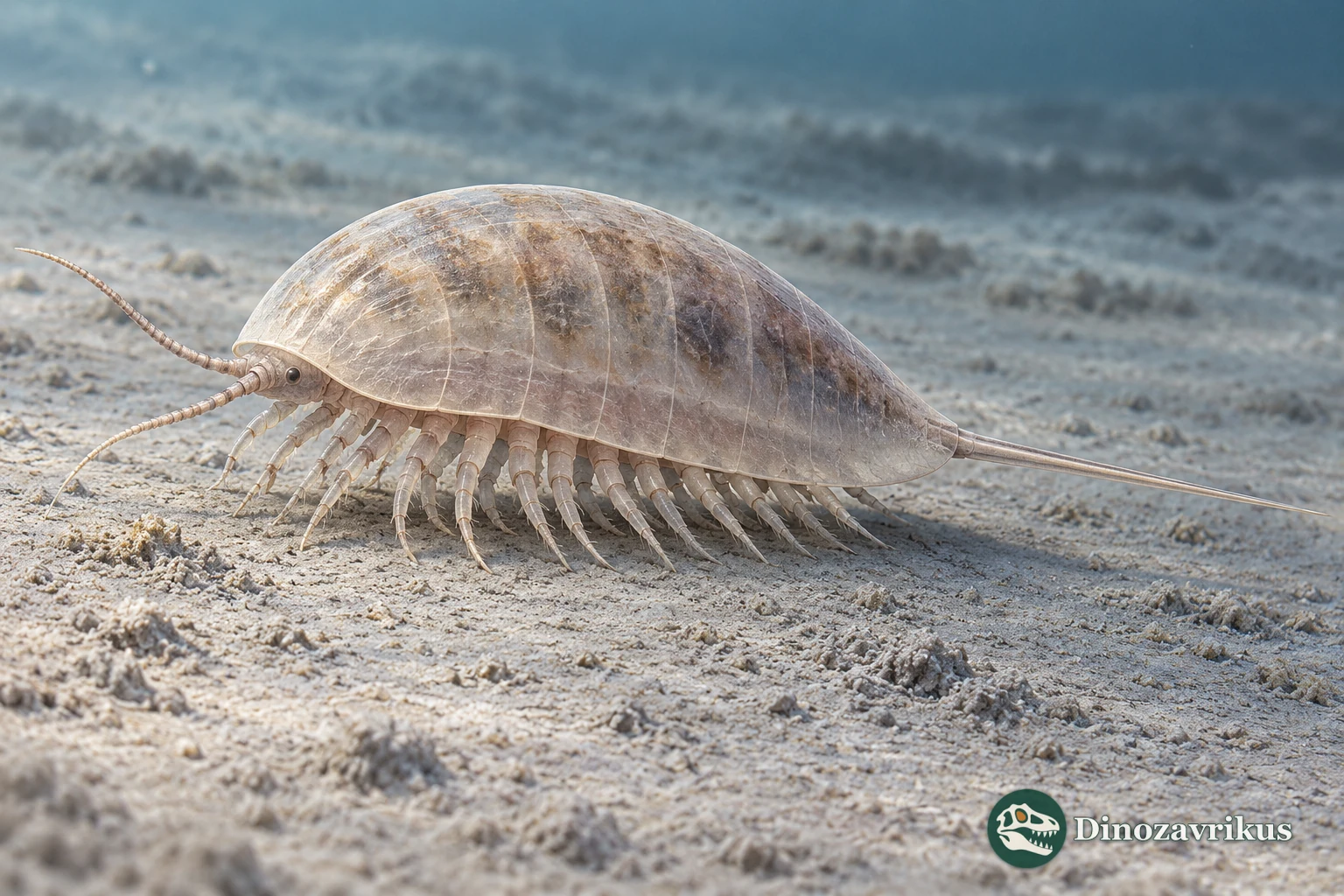 Scientific reconstruction of Burgessia bella on a Cambrian seafloor