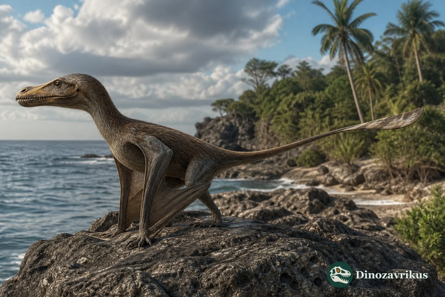Cacibupteryx perched on a rocky Jurassic Cuban coast