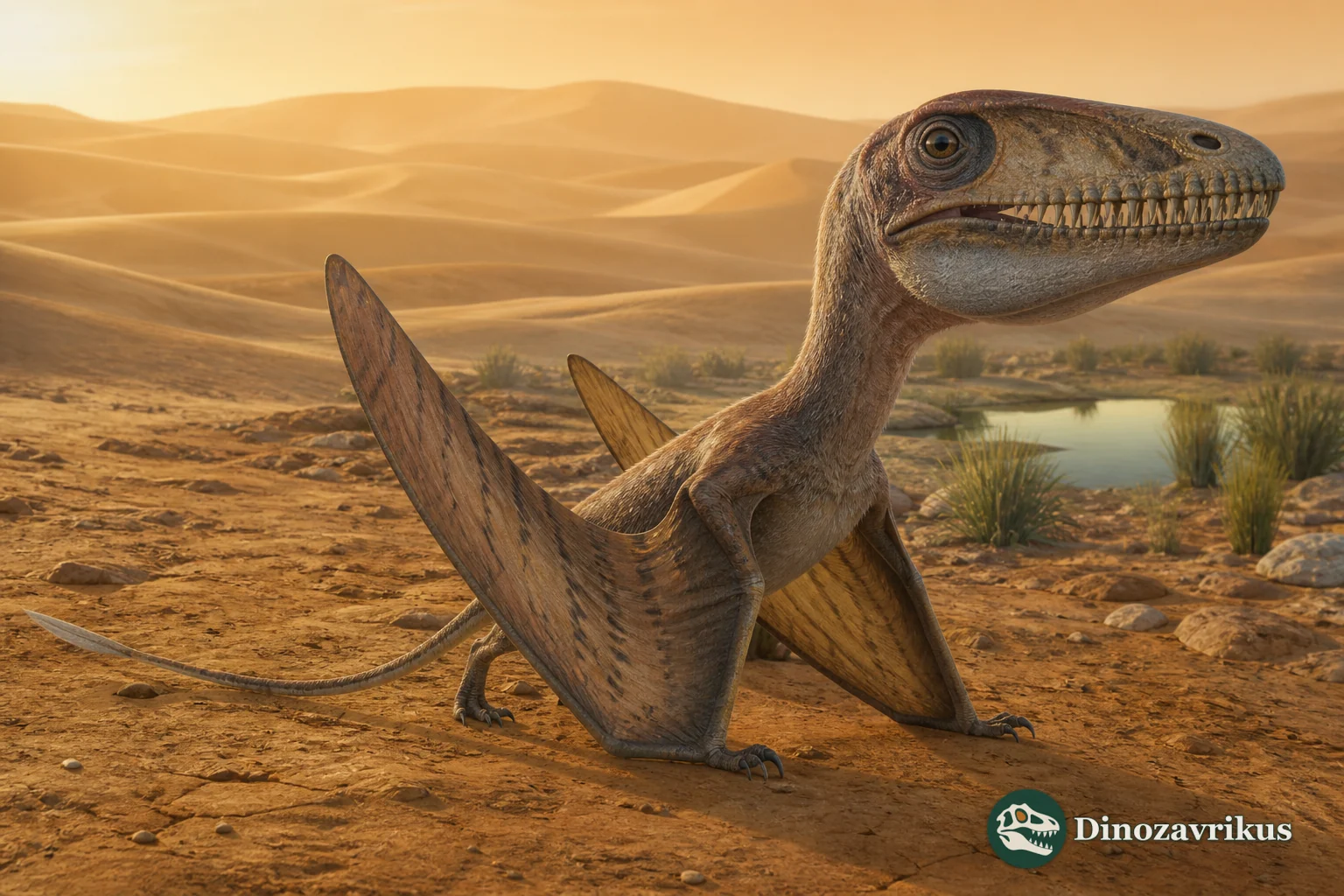 Caelestiventus reconstructed beside a temporary wet hollow in a Triassic dune field