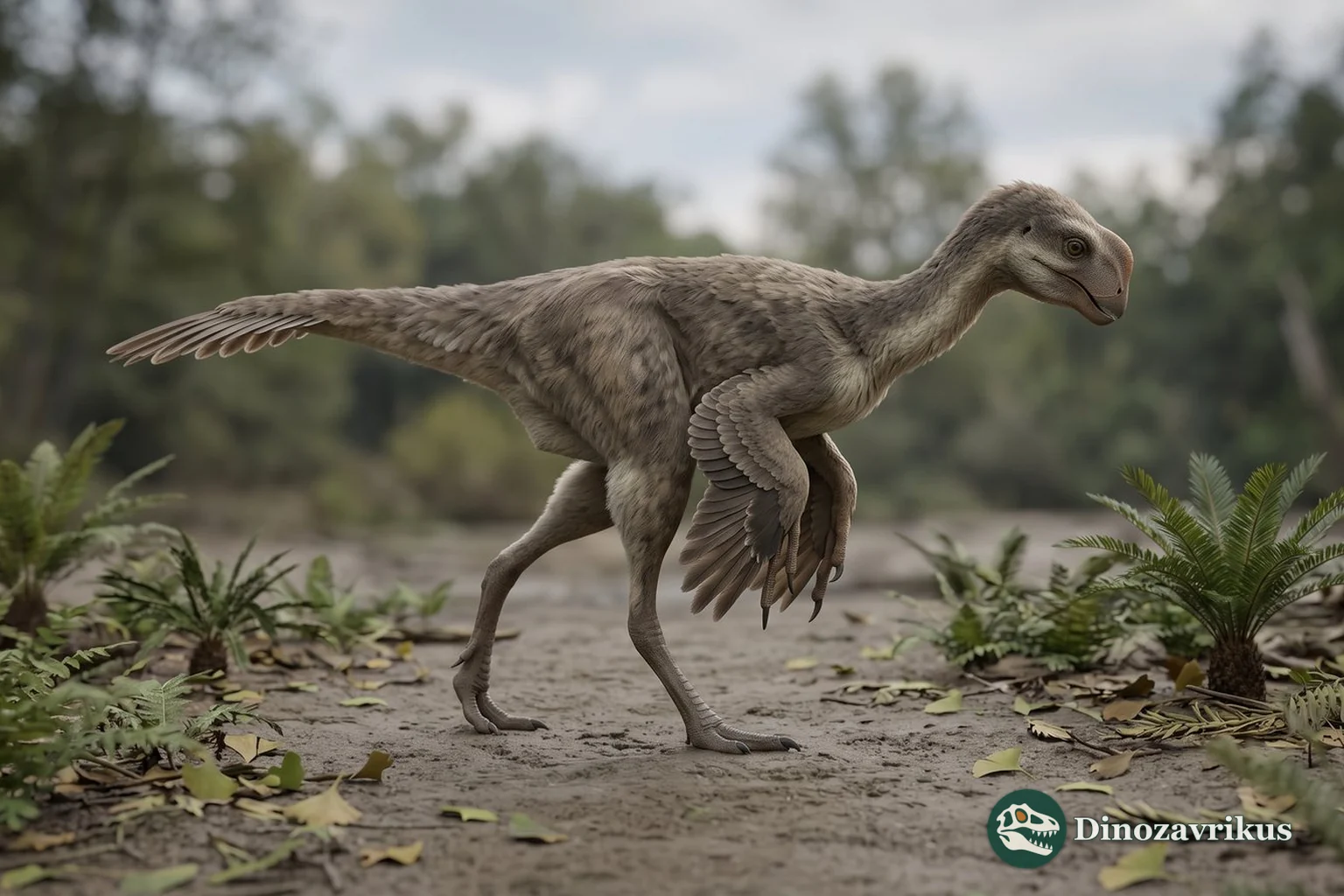 Feathered reconstruction of Caenagnathasia near a Cretaceous river