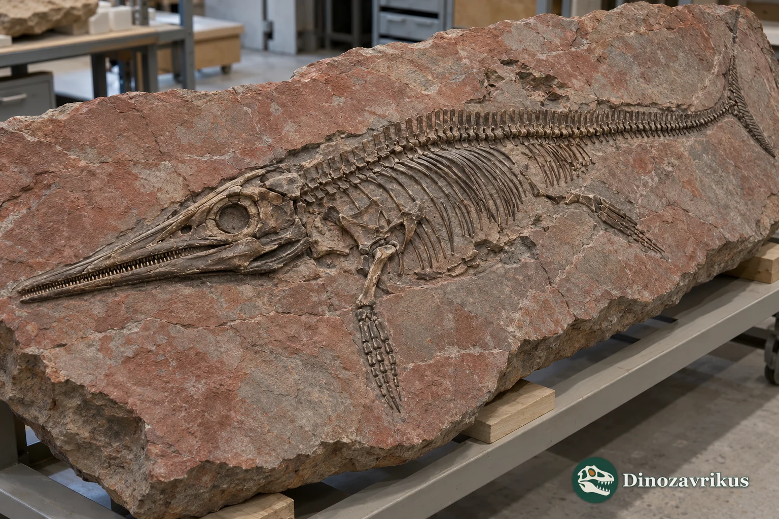 Illustrated partial ichthyosaur skeleton in a reddish slab