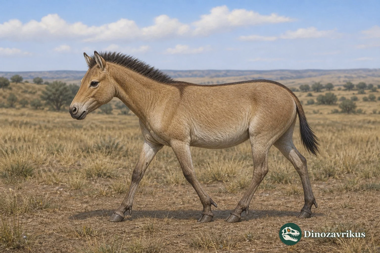 Calippus horse in a reconstructed Miocene North American grassland