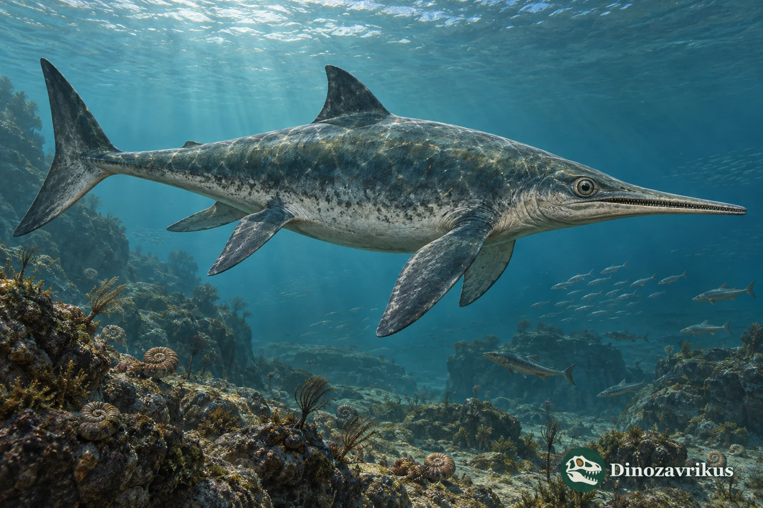 Artistic reconstruction of a Late Triassic ichthyosaur swimming underwater
