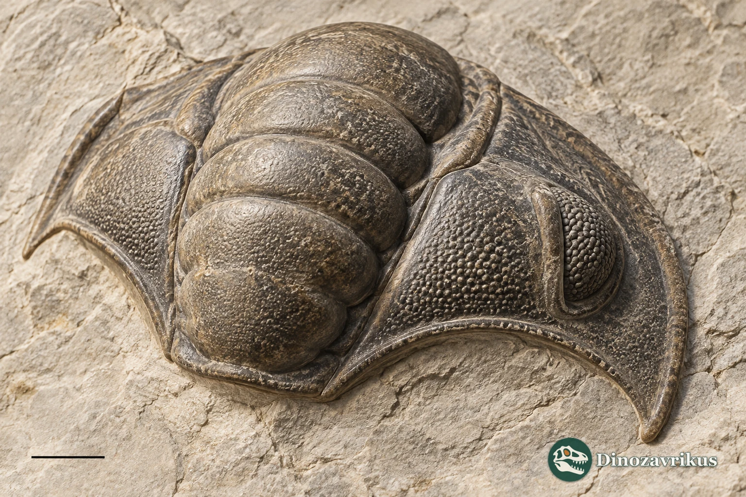 Illustrative close view of a trilobite cephalon and diagnostic shell features