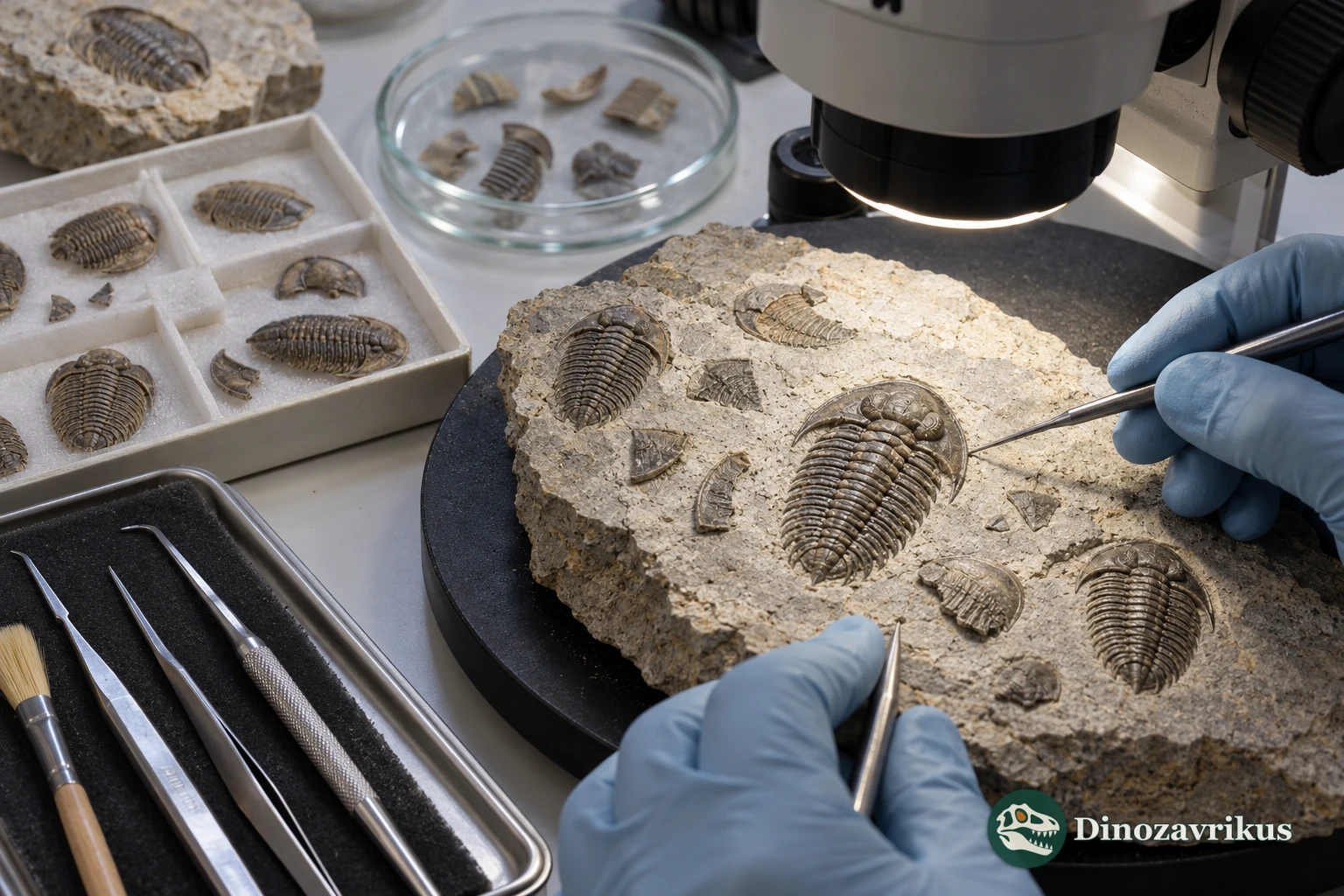 Illustrative museum study of separate trilobite shell pieces