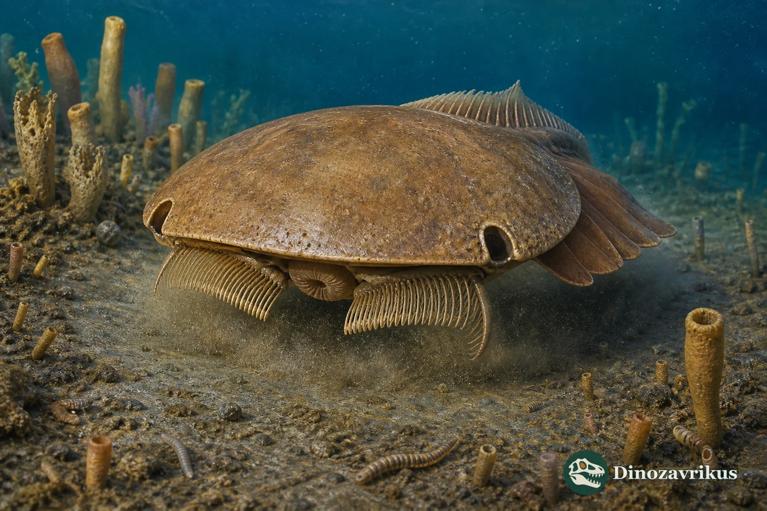 Cambroraster reconstructed moving across a Cambrian seabed