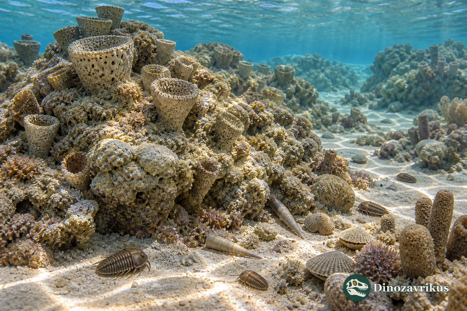 Shallow Cambrian archaeocyath reef with microbial crusts and small shelly animals