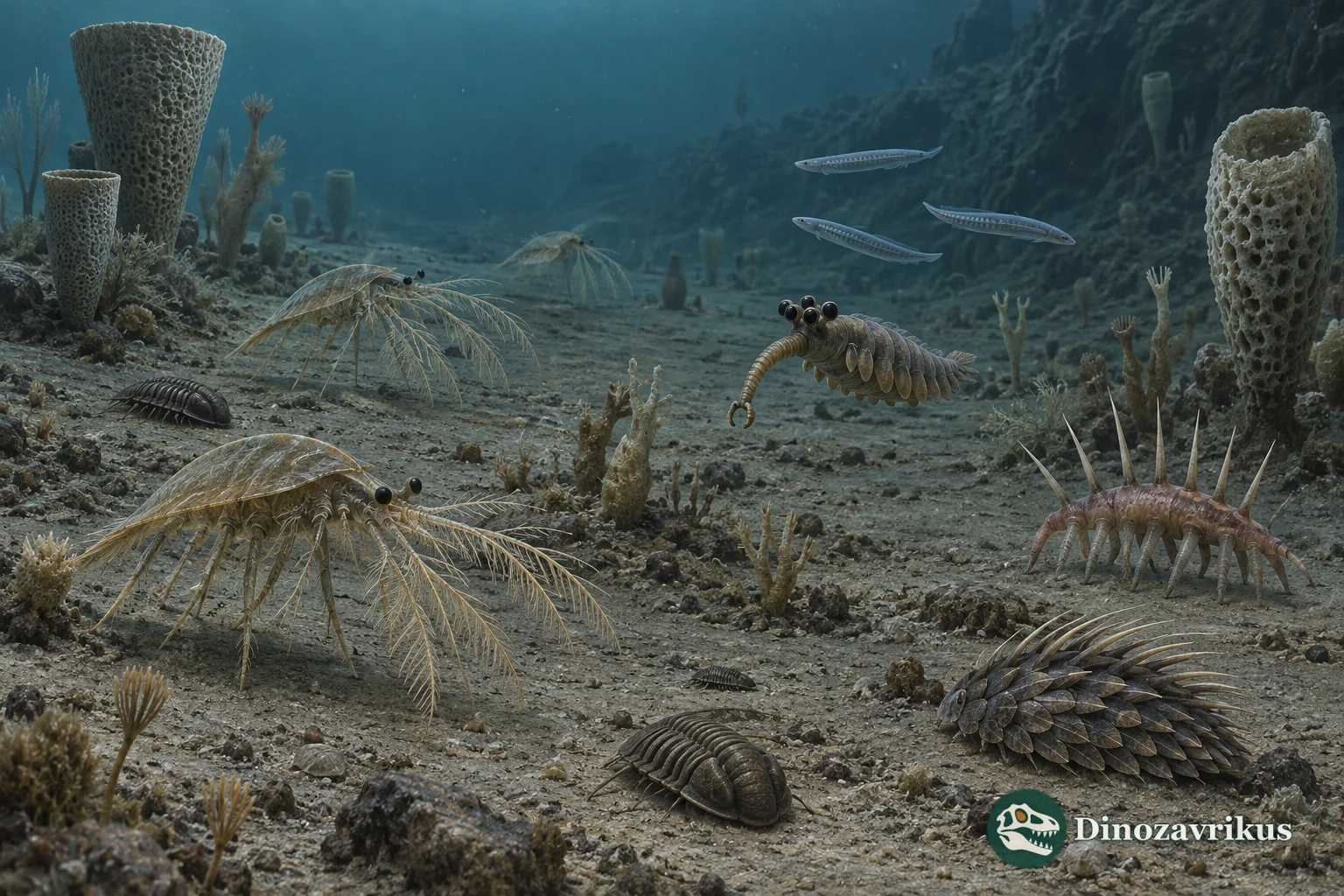 Burgess Shale slope community with Marrella, Wiwaxia, Hallucigenia and Anomalocaris