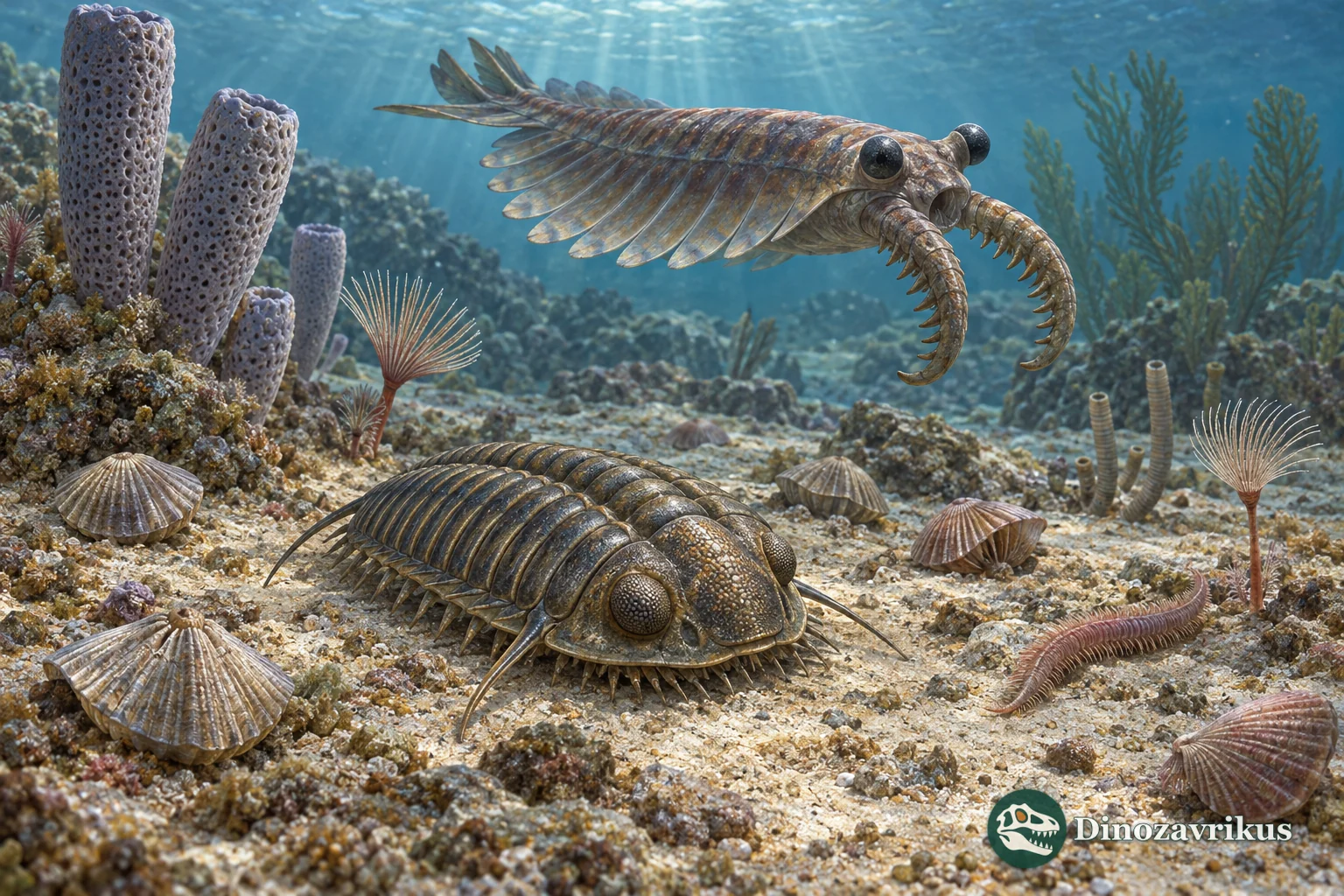 Cambrian seafloor with a trilobite, radiodont and other early marine animals among sponges and shelly organisms