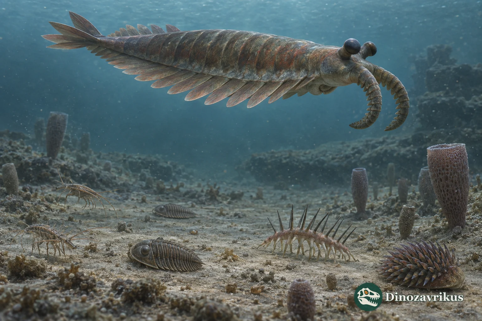 Cambrian seafloor with trilobites, radiodonts, sponges and early chordates
