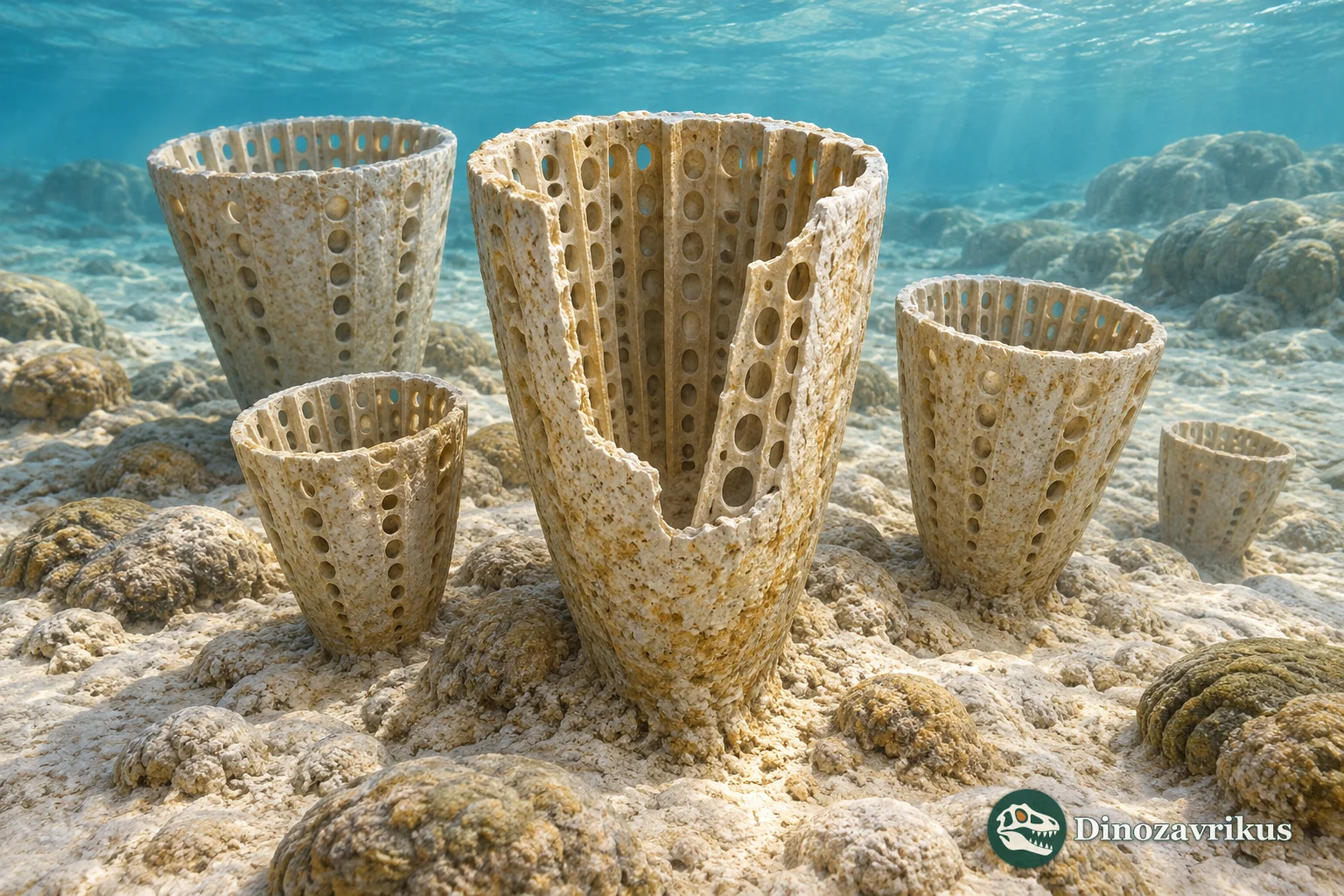 A group of Cambrocyathellus cups with two porous walls and vertical perforated plates visible in one broken section