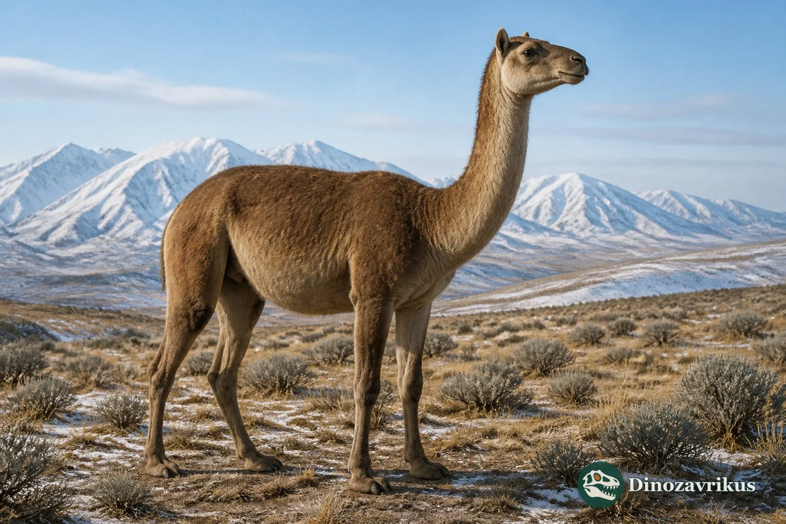 Camelops camel moving through an open Pleistocene North American landscape