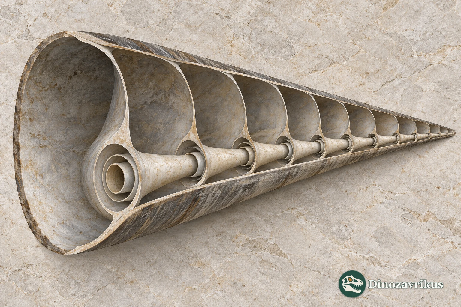 Longitudinal cutaway of an endocerid shell showing chambers and a broad siphuncle