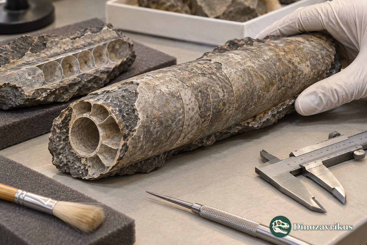 Illustrative museum study of a fragmentary endocerid shell with a broad siphuncle