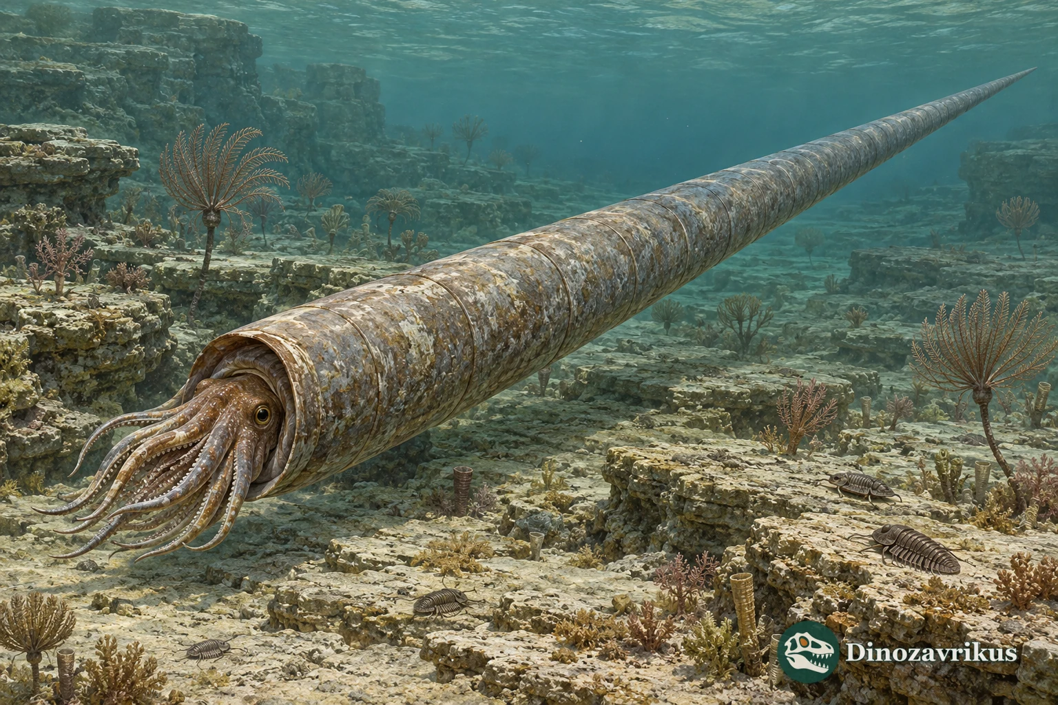 Scientific reconstruction of a straight-shelled endocerid above an Ordovician seafloor