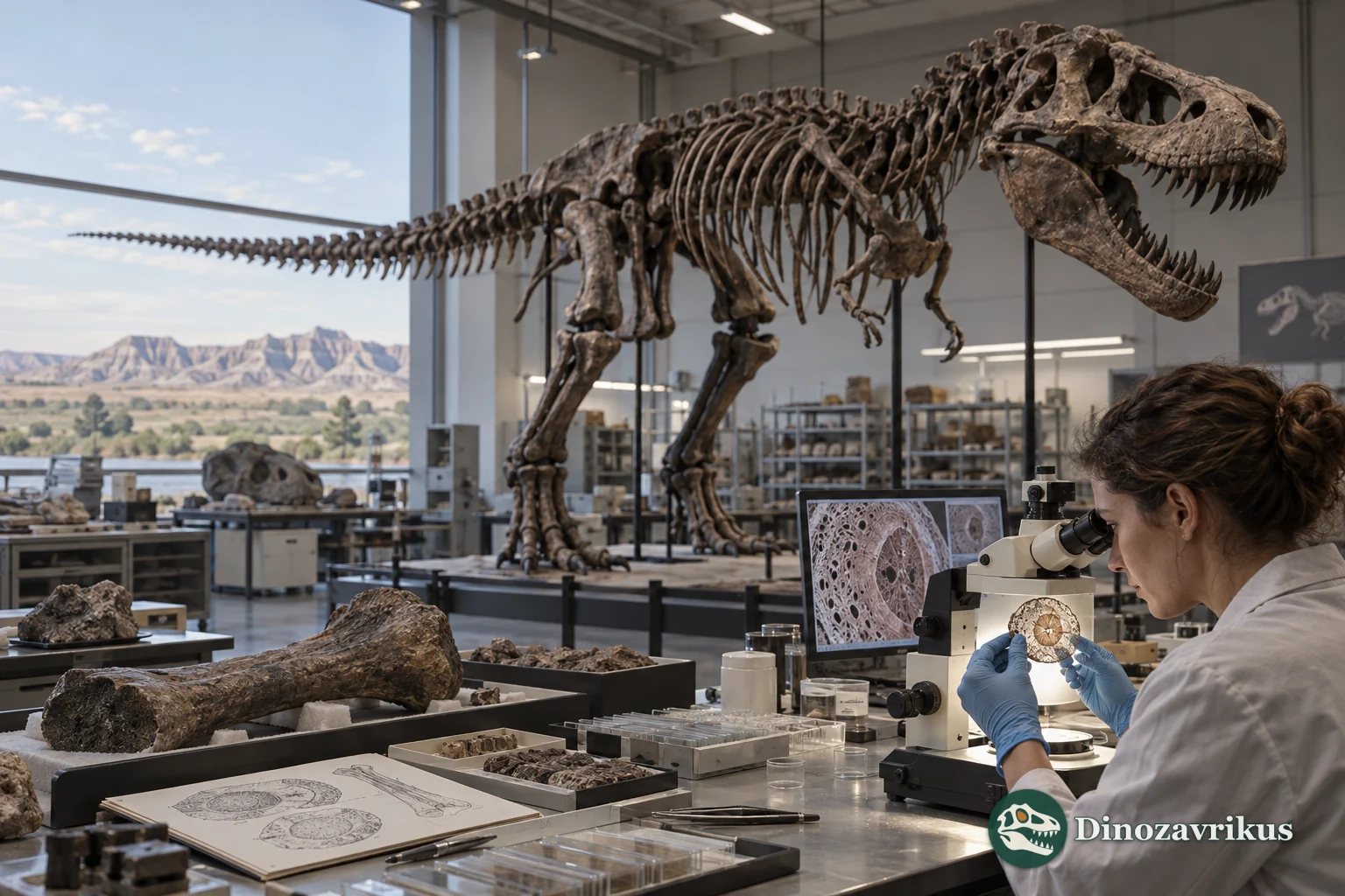 Palaeontologist examining a dinosaur bone section in a museum research laboratory