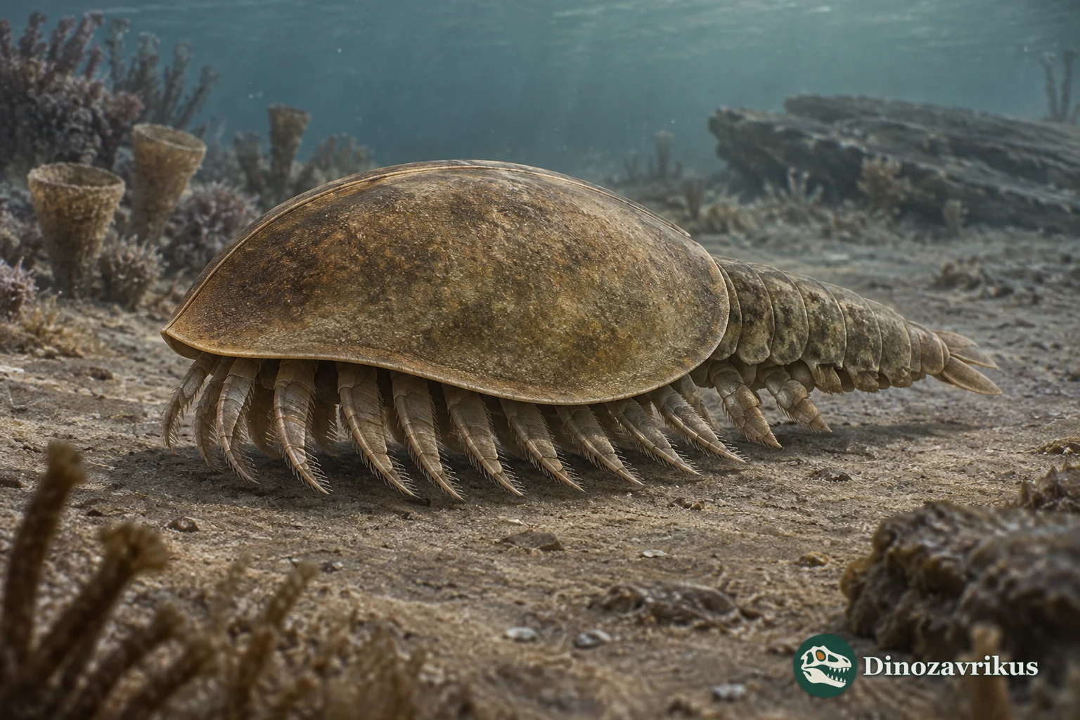 Canadaspis moving close to the Cambrian seafloor with its bivalved carapace, jointed limbs and segmented abdomen visible