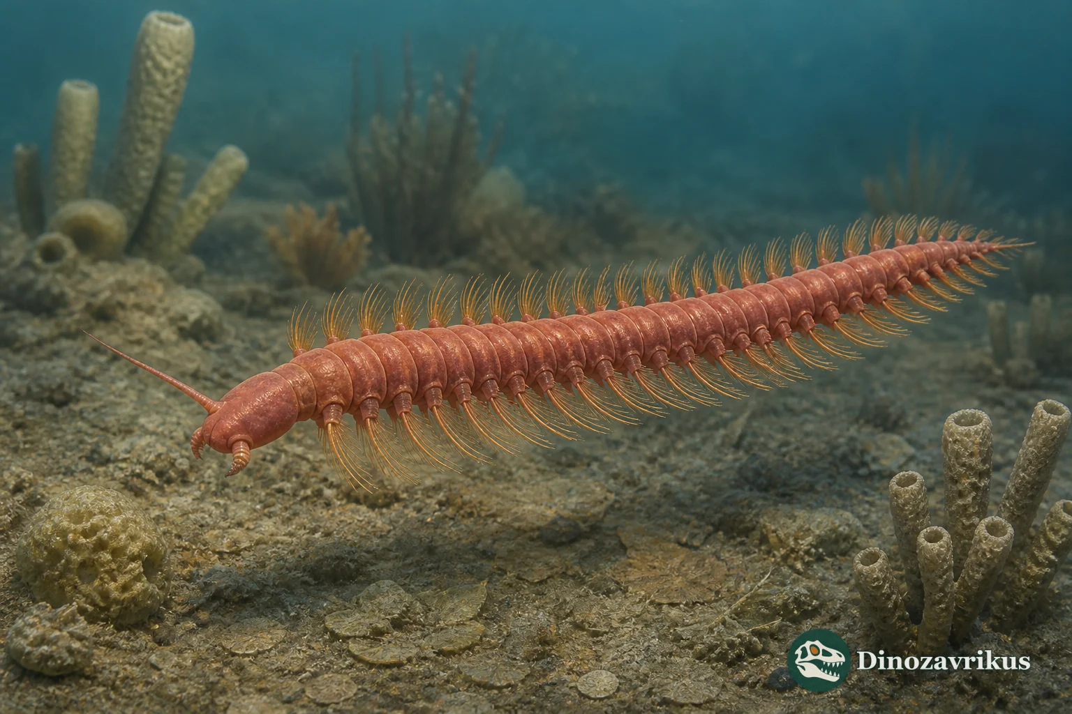 Canadia spinosa with a narrow segmented body, paired bristled parapodia and a tapered rear on the Cambrian seafloor